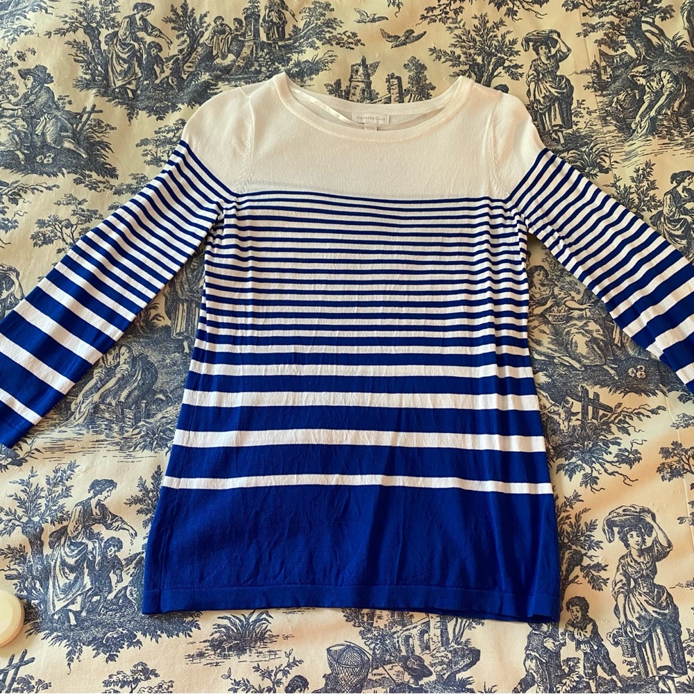 Charter Club White and Royal Blue Striped Knit Top